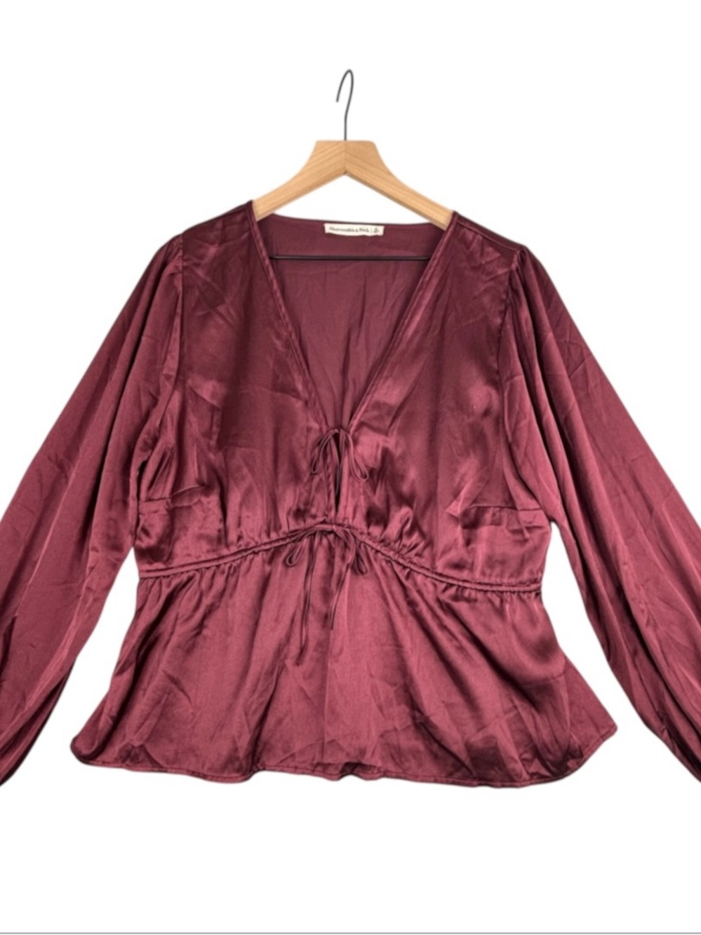 Abercrombie & Fitch Satin Peplum Top XL Burgundy Red V-Neck Tie Front Coquette
